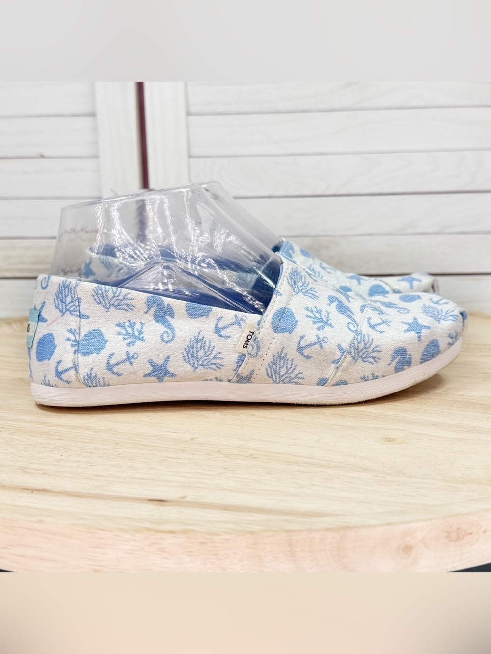 Toms Alpargata Sea Life Shimmer Slip On Canvas Flats White Blue Size 5.5